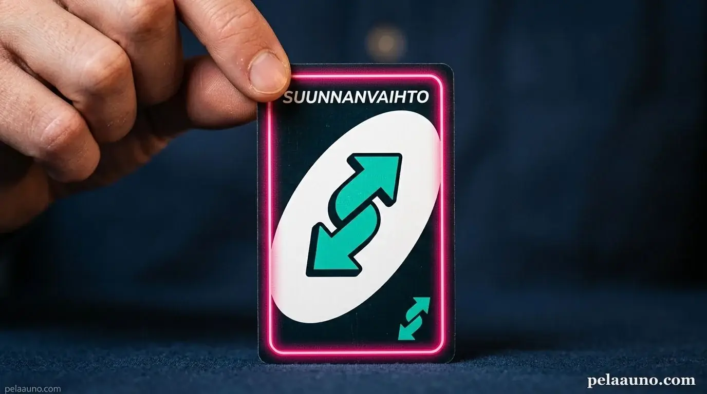 Sormien välissä pidetty UNO-tyylinen suunnanvaihtokortti, joka kuvastaa nettimeemiä.