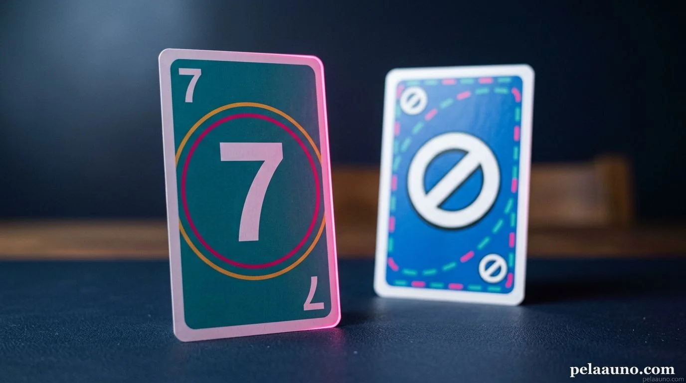 Kaksi UNO-tyylistä korttia vastakkain versiovertailun symbolina, neon-reunavalo