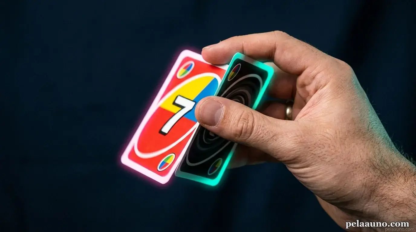 UNO Flip -tyylinen kortti kääntymässä kahden puolen välissä, neon-reunavalot